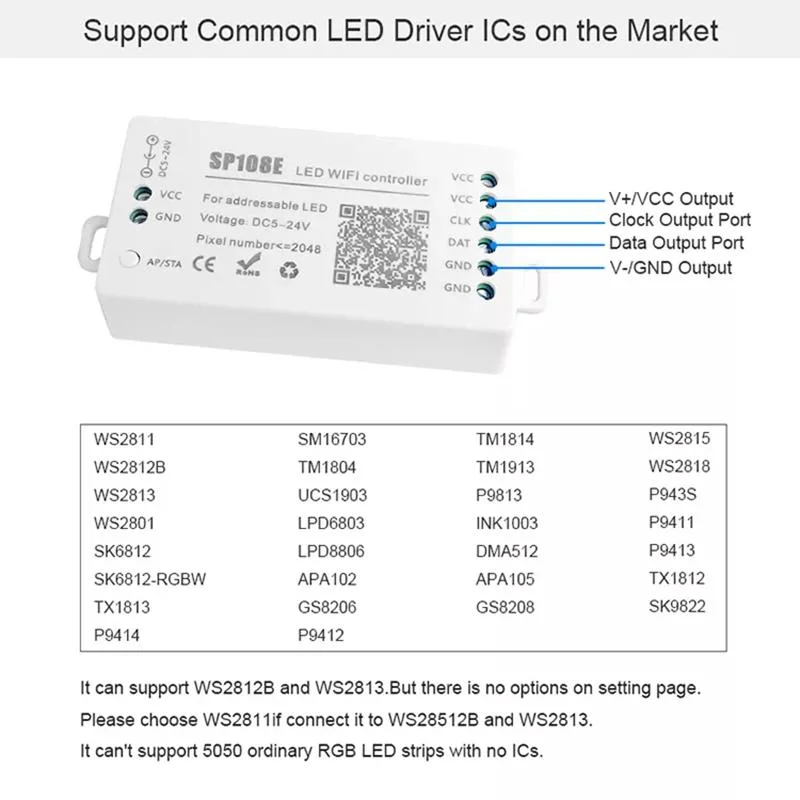 LED WiFi Controller APP Control DC 5V~24V Sp108e for Sk6812 Ws2812 Ws2813 Ws2815 Al2815 Digital Addressable RGB LED Pixels Strip