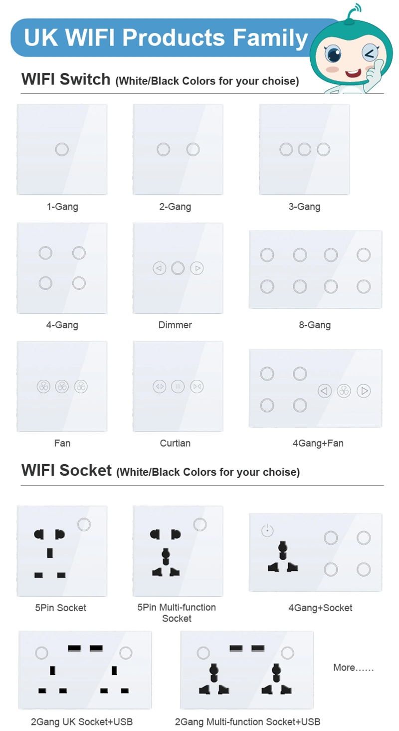UK Standard WiFi Smart Switch and Wall Socket Voice Control Switch Socket 4 Gang Switch with Socket