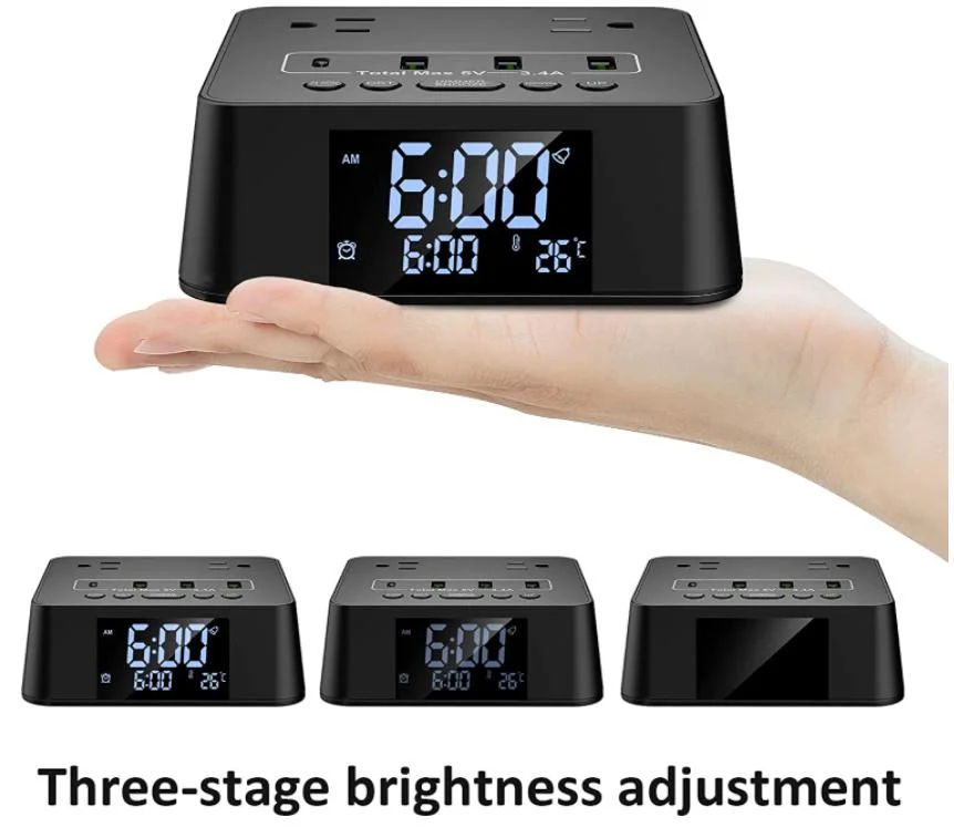 Alarm Clock Power Strip Surge Protector Socket, 2 AC Outlets 3 USB a Ports &amp; 1 USB C Port, 6FT Cord for Bedroom, Dorm, Hotel