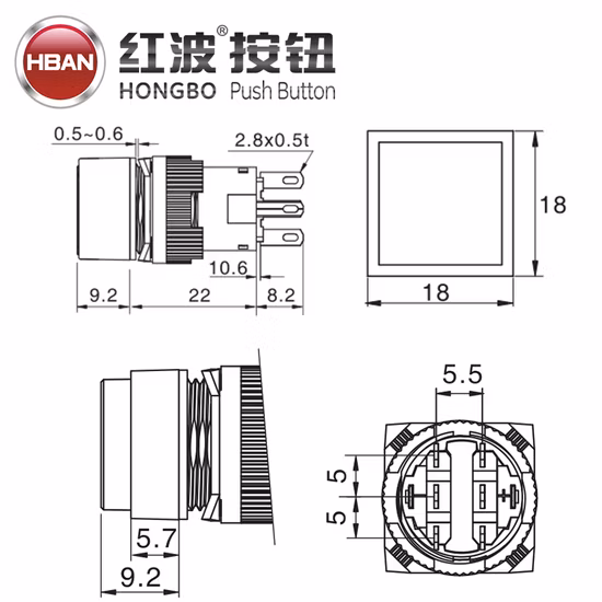Onpow 16mm Square Head Pushbutton Switch (LAS1-BF-11/R/12V, CE, CCC, UL, RoHS, REECH)