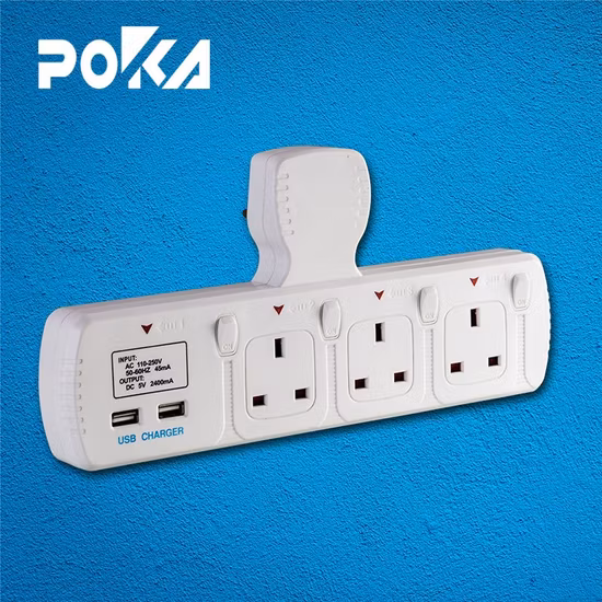 3 Way Outlet T-Type Plug Extension Socket 2 USB Port