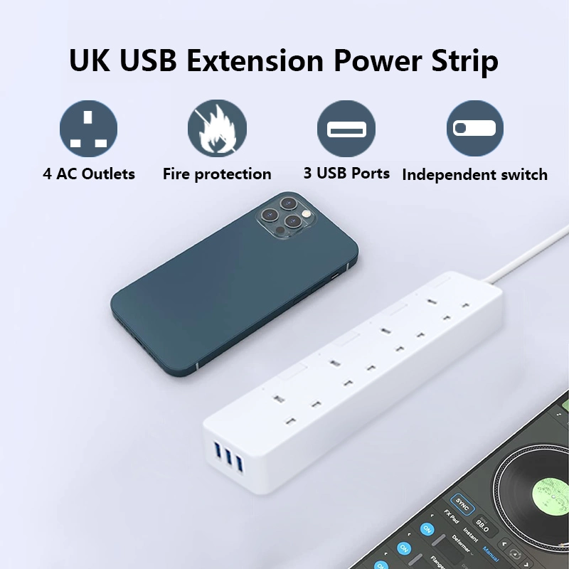 UK Standard 4 Outlet 3USB Extension Lead UK Plug Socket