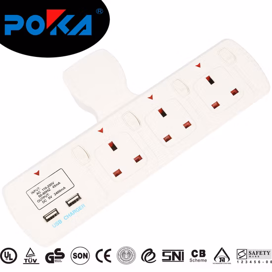 3 Way Outlet T-Type Plug Extension Socket 2 USB Port