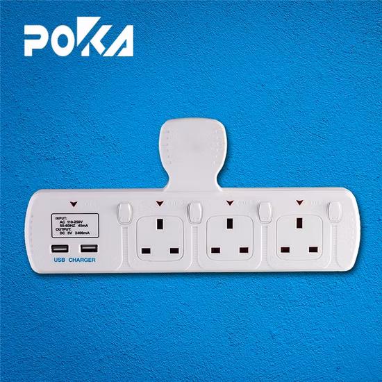 3 Way Outlet T-Type Plug Extension Socket 2 USB Port